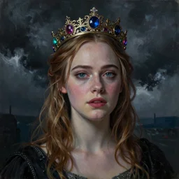 Elle Fanning wearing a crown in the style of Paola Vetri, head and shoulders portrait, stormy weather, extremely detailed masterpiece, oil on canvas, low-key neon lighting, artstation, Blade Runner 2049, Roger Deakin’s cinematography, by J. C. Leyendecker and Peter Paul Rubens and Edward Hopper and Michael Sowa,