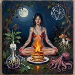 sensual female painting, yoga, pancakes, fire smouldering, tattoos, midnight, dark, vines, wet, moonlight, berries, mythology, dodecahedron, sage and herbs, octopus, surgical supplies, mushrooms, plants with roots in scientific glassware, fungus, candle dripping white wax, berry juice drips, neoexpressionism, surrealism, acrylic and spray paint and oilstick on canvas