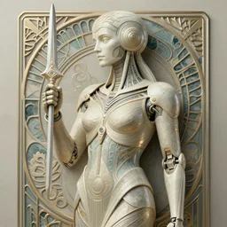 organic cyborg holding a weapon, art deco, soft lighting, sci fi fantasy, intricate, elegant, highly detailed, lifelike, photorealistic, 2d matte illustration, artstation, illustration, concept art, smooth, sharp focus, art by John Collier and Albert Aublet and Krenz Cushart and Artem Demura and Alphonse Mucha