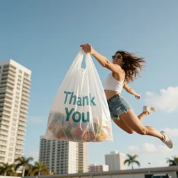 a woman flying in the air holding on to a big thank you plastic bag over miami florida, no crop