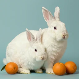 fat rabbits with oranges vintage photograph