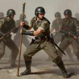 a militia fighter, wielding a wooden quarterstaff in a defensive stance. cornered by enemies. intricate, elegant, highly detailed, digital painting, artstation, concept art, sharp focus, illustration, by justin gerard and artgerm, 8 k