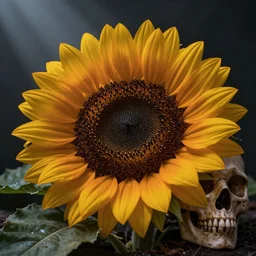corpse flower, sunflower petals blooming a skull