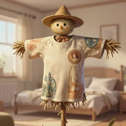 a scarecrow using a shirt with an amazing texture, patterns on shirts, gentle, posing, vaporwave, bedroom, highly detailed, digital painting, dofus online art style, dofus art style, artstation, concept art, smooth, sharp focus, illustration, art by artgerm and greg rutkowski and alphonse mucha