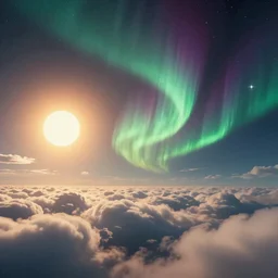 sunshine, clouds and starlight under aurora in the end of the world, futurepunk, trending on artstation