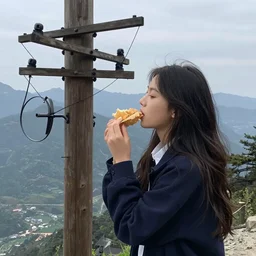 true photo of a young girl who is elegantly eating mountains of telegraph poles