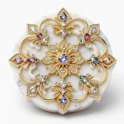 an psychedelic intricately carved marble set with gold flourishes and diamonds of various colors in the form of hexagons against a blue ornate background