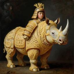 full body and head of a half boy half rhino made of spaghetti, intricate armor made of spaghetti fractals, ancient warrior, samurai style, by giuseppe arcimboldo and ambrosius benson, renaissance, intricate and intense oil paint, a touch of beksinski, realistic