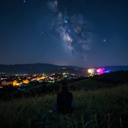 A dream sits in a starry field at dusk on a hillside. stars sparkle overhead. We can see the lights from the village below. In the distance colourful lights, as if fireworks show in celebration. digital art