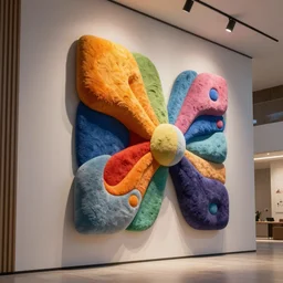 : colorful abstract soft sculpture on the wall in modern architecture cinematic lighting, hyper - realistic, detailed, render by c 4 d octane, unreal engine, 8 k 3 d render