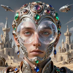 close face portrait a single face centered, man, half soap bubble mind, half symetrical highly detailed ornate with jewels and precious metals futuristic, half sandman kingdom, outside view from half castle kingdom of dreams, space ships, hiperrealistc, global illumination, radiant light, silver, bronze, rubi, emerald, sapphire, aquamarine, art by andreas achenbach