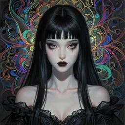 beautiful painting of a dark gothic fairy, black hair, bangs, symmetrical face two identical symmetrical eyes, smooth skin, gorgeous feminine figure, face painted by Stanley Lau, colors by Ross Tran, composition by James Jean, background design by Yoshitaka Amano, amazing colors, bust up, with intricate and vibrant iridescent line work, Trending on Artstation, Exquisite detail.