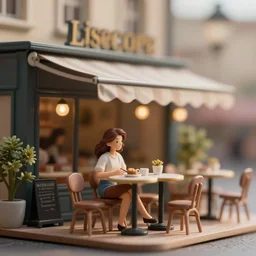 tilt shift photography, extreme dof, a miniature european cafe, bokeh, model