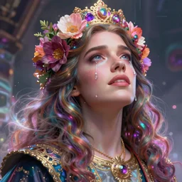 mark ruffalo, portrait, colorful and vibrant majestic, royal, open wide eyes, drops of tear with flowers on her hair, glowing light orbs, intricate concept art, elegant, digital painting, smooth, sharp focus, ethereal opalescent mist, outrun, vaporware, cyberpunk darksynth, ethereal, ominous, misty, 8 k, by ruan jia and miho hirano, rendered in octane