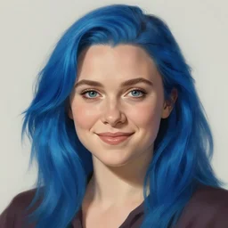 florence pugh portrait, art by studio ghibli and greg rutkowski and artgerm and ilya kuvshinov, portrait, d & d, fantasy, highly detailed, digital painting, headshot, trending on artstation, concept art, sharp focus, illustration, blue hair smile