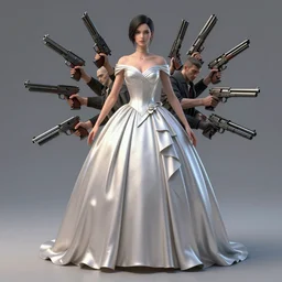 vaporwave!!, an elegant sophisticated woman assassin with an array of guns wearing a ball gown, straight on, by artgerm, jamie hewlett, tom bagshaw, gerald brom, 4 k, smooth, hd, substance designer render, full body character concept art, 2 point studio lighting,