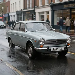street photography by saul leiter, in a wet london high quality street, award winning photo of an ultra detailed dirty high quality!! triumph stag 1 9 7 4!! car speeding very fast on water, fast shutter speed, motion blur, tiny gaussian blur, highly detailed, highly intricate, depth of field, trending on top gear