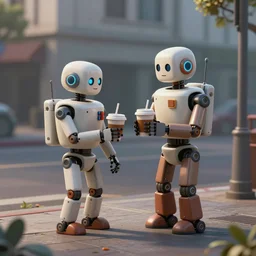 a detailed matte painting of two robots sharing a coffee on an empty street corner, early morning, dramatic lighting, 4k, trending on artstation