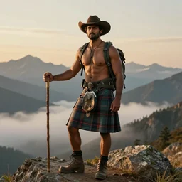 a full - body portrait of a handsome hiker by greg rutkowski and albert bierstadt | the man is south asian and wearing a cowboy hat and plaid kilt. he is holding a walking stick | background is mountain peaks and clouds | golden hour, homoerotic, highly detailed | trending on artstation