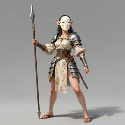 full body portrait, female changeling spearman in floral - patterned light armor, wielding a long halberd, wearing a noh theatre mask, barefoot in sandals, capricious, energetic, provocative, realistic proportions, reasonable fantasy, in the style of dnd illustrations, tabletop rpg.