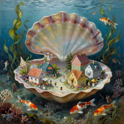 underwater city inside!! the seashell, seaweed, corals, carps, koi fish, small scandinavian!!! houses, little people!!!, by jacek yerka by levitan, surrealistic painting, masterpiece, oil painting, sharp focus, highly detailed, intricate, smooth, 8 k,