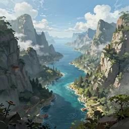 Realm between the mountains and the sea, fantasy, digital painting, extra detailed
