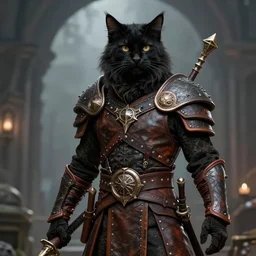 humanoid male khajiit rogue, mainecoon cat features with black fur, far - mid shot, wearing leather armor, magic the gathering, fantasy