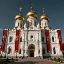 medieval russian palace temple, fully restored, newly built reconstructed, white marble, red banners. 8 k hd instagram photo at behance, epic cinematic movie shot, 1 9 9 0 s. adobe lightroom, photoshop
