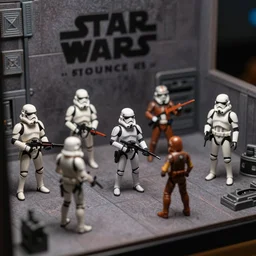 a detailed photo of a diorama with star wars toys, macro photography, zoom