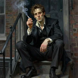 character portrait of a rugged john constantine sitting down on a fire escape smoking a cigarette in gothic london, gothic, john singer sargent, muted colors, moody colors, illustration, digital illustration, amazing values, art by j. c. leyendecker, joseph christian leyendecker, william - adolphe bouguerea, graphic style, dramatic lighting, gothic lighting