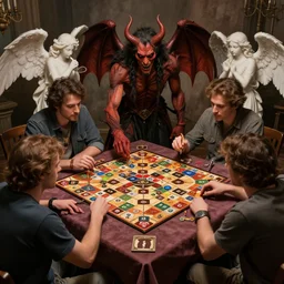 Demons and angels playing board games with humans in purgatory