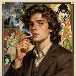 vintage young man with long curly brown hair smoking poster illustration, 4k post-processing highly detailed by wlop, Junji Murakami, Mucha Klimt, Sharandula, Hiroshi Yoshida, Artgerm, Craig Mullins,dramatic, moody cinematic lighting