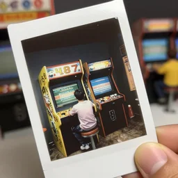 tilt shift focus, miniature, kodachrome print 1 9 8 7, retro video game arcade