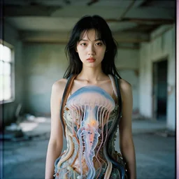 a closeup portrait of a woman wearing a dress made of jelly fish and eels, standing in a derelict building, color photograph, by vincent desiderio, canon eos c 3 0 0, ƒ 1. 8, 3 5 mm, 8 k, medium - format print