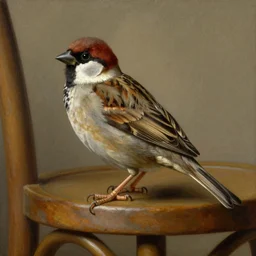 highly detailed, artstation, oleo, sharp focus, an oil painting of a sparrow perched on a chair, by diego velazquez