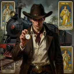 a dramatic moody symmetrical painting of a suspicious villainous handsome cowboy holding a pocketwatch | his shirt is unbuttoned | background is the front of a steam train locomotive | tarot card, art deco, art nouveau, steampunk | by Mark Maggiori (((and Alphonse Mucha))) | trending on artstation