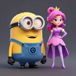 a 3 d design of a minion and miss fortune, characte design, blender 3 d, sketchfab top rated, high poly