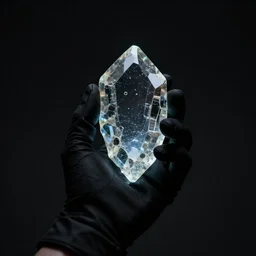 a black gloved hand holding a dinly glowing shard of kryptonite in pitch black