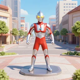 town square with a statue of ultraman in the center