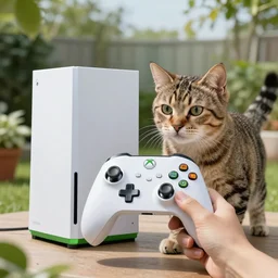 “photo of a cat playing the xbox holding an xbox controller in the garden 4k HD”