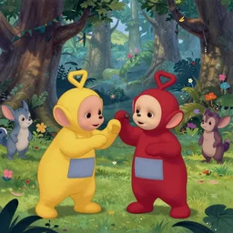 Teletubbies brawl is getting out of hand, Movie frame from the coloured Disney animated motion picture released in 1937, beautiful enchanted forest full of critters, directed by Walt Disney, highly detailed background paintings by Thomas Kinkade