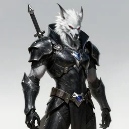 cyberpunk werewolf warrior with white fur and silver fangs wearing black power armor by greg rutkowski