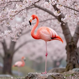 a flamingo in the middle of a gorgeous cherry blossom tree standing on a rock, 8 k, digital art, highly detailed, high quality, highly realistic, coherent