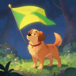 beautiful picture of stray caramel dog and a green and yellow flag, glowing colors, fantasy art, trending on artstation, cgsociety, nice composition, great fantasy mood, classic Disney mood