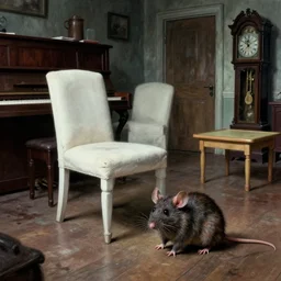 cinematic colorful horror artwork by artgerm, beksinski, lovecraft, stephen king ; natural real life full portrait of ugly furry mouse on floor. empty soft white chair with footrest. empty bench that was tucked neatly under the piano, empty small play table, old grandfather clock near the doorway ; hainted creepy scary dramatic