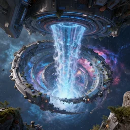 the machine universe encounters a living cosmos inside an asymmetric orthogonal non - euclidean upside down inside out world with an infinite cosmic spiral waterfall of living information, futuristic sci - fi concept art, unreal engine
