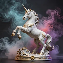 a statue of a ramping unicorn sourrounding by a colorful smoke, victorian baroque, hyperrealistic, detailed, fine detail, depth of field, octane render, artstation