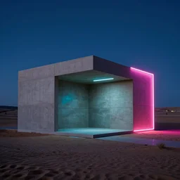 concrete structure in the desert at night, neon lights, minimalist architecture, james turrel,
