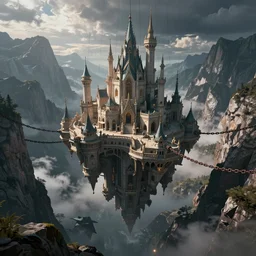 an immense floating castle, in the midst of high mountains, hanging by chains, inside a gorge, below only cloud dark void, 8k resolution, artstation trends cosmic light, detailed octane render