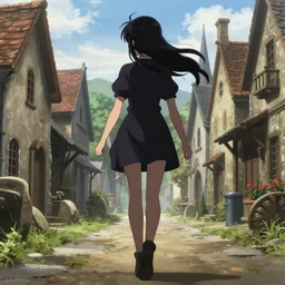 key anime visual portrait of a young female walking through a medieval village, perfect anime face, dynamic pose, dynamic perspective, detailed silhouette, detailed, intricate